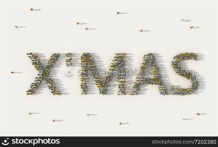 Large group of people forming X mas, Merry Christmas lettering text in social media and community concept on white background. 3d sign of crowd illustration from above gathered together