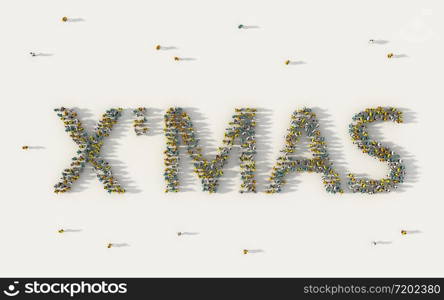 Large group of people forming X mas, Merry Christmas lettering text in social media and community concept on white background. 3d sign of crowd illustration from above gathered together