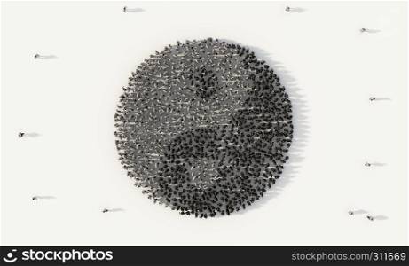 Large group of people forming yin yang Chinese symbol in social media and community concept on white background. 3d sign of crowd illustration from above gathered together