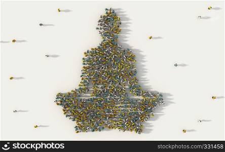 Large group of people forming Yoga girl icon in social media and community concept on white background. 3d sign of crowd illustration from above gathered together