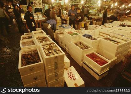 Large group of people in a fish market, Tsukiji Fish market, Tsukiji, Tokyo Prefecture, Japan