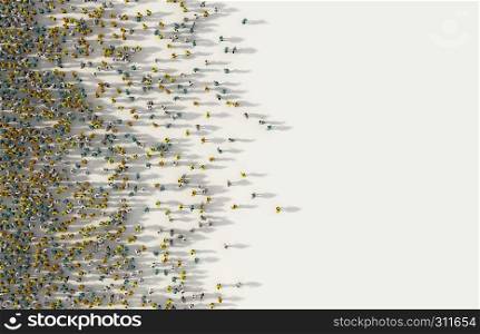 Large group of people with copy space for text in social media and community concept on white background. 3d sign of crowd illustration from above gathered together