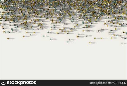 Large group of people with copy space for text in social media and community concept on white background. 3d sign of crowd illustration from above gathered together