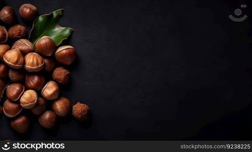 Large group og Hazelnuts on dark backdrop. Food background. Generative AI.. Large group og Hazelnuts on dark backdrop. Food background. Generative AI