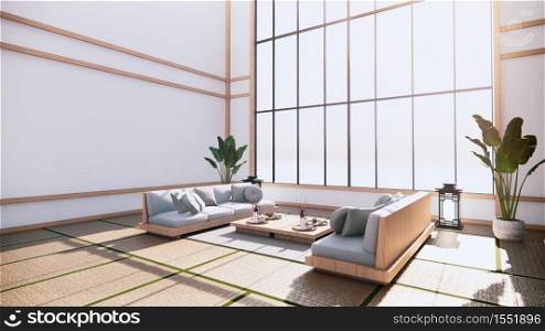 Large hall interior design, Big room japanese style interior mock up with armchair on tatami mat floor and wooden design wall.3D rendering