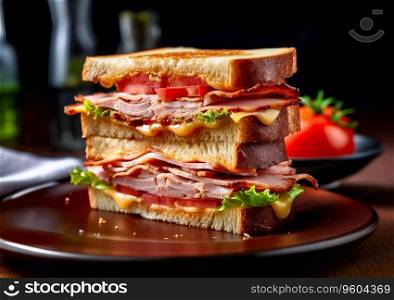 Large ham and cheese sandwich on plate and dark table background.AI Generative