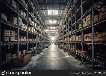 Large industrial warehouse with shelves full of goods created by generative AI 