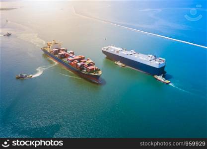 large international shipping business for service loading cargo containers transportation open sea sia pacific aerial top view frome drone camera