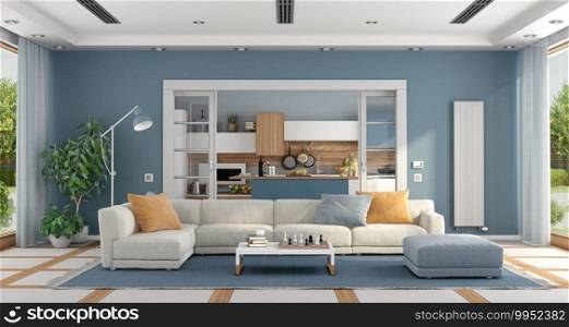 Large Living room with elegant sofa and modern kitchen on background - 3d rendering. Living room with sofa and modern kitchen on background