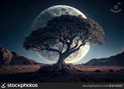 Large lonely tree against the background of full moon at night. Generative AI technology. Tree against the full moon at night. AI generated