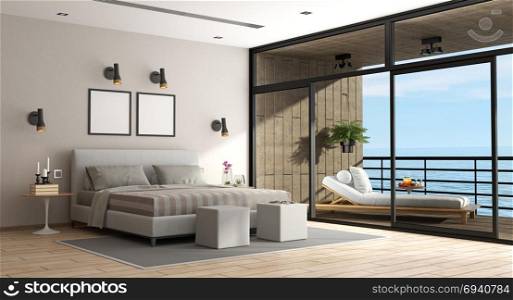 Large master bedroom of an holiday villa. Large master bedroom of an holiday villa with chaise lounge on balcony - 3d rendering