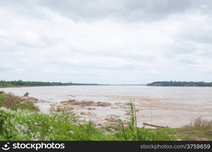 Large Mekong River rocks in the river. Two rivers Thailand and Laos.
