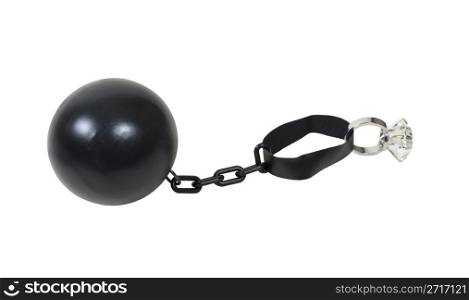 Large metal ball and chain made to hamper movement with a diamond engagement ring - path included