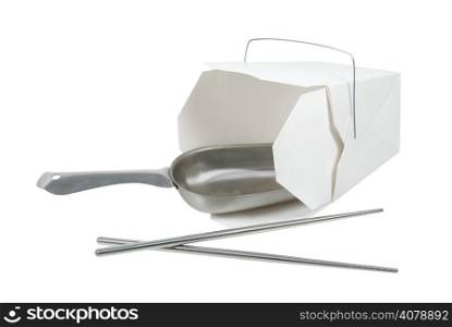 Large metal scoop in a wax paper box that is folded up to hold take out food items