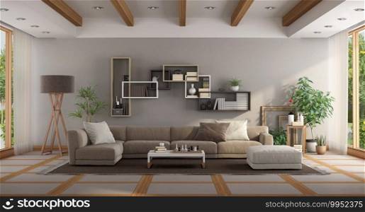 Large minimalist living room with sofa and bookcase on background - 3d rendering. Large minimalist living room