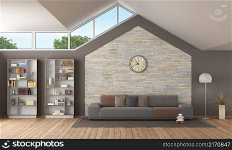 Large modern living room with stone wall and pitched roof with sofa and bookcase - 3d rendering. Large modern living room with stone wall ,sofa and boolcase