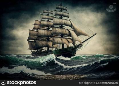 large old sailing ship riding on waves in stormy weather, created with generative ai. large old sailing ship riding on waves in stormy weather