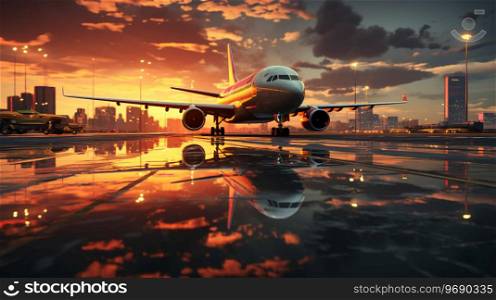 Large passenger plane on the runway at sunset. Vacation travel and flights concept.. Large passenger plane on the runway at sunset. Vacation travel and flights concept
