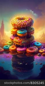 Large Pile of Colorful Donuts Floating in Water. Fantasy style illustration. Generative AI. High quality illustration. Large Pile of Colorful Donuts Floating in Water. Fantasy style illustration. Generative AI