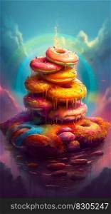 Large Pile of Colorful Donuts Floating in Water. Fantasy style illustration. Generative AI. High quality illustration. Large Pile of Colorful Donuts Floating in Water. Fantasy style illustration. Generative AI