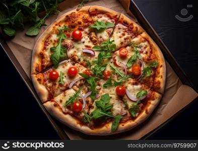 Large pizza with cheese nad tomato with arugula in takeaway box on dak background.AI Generative
