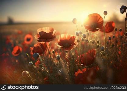 Large poppy field, sky background with clouds, bright sun. Natural nature, beautiful flowers. AI generated.. Large poppy field, sky background with clouds, bright sun. AI generated.