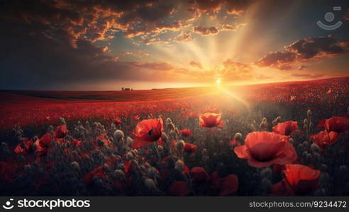 Large poppy field, sky background with clouds, bright sun. Natural nature, beautiful flowers. AI generated.. Large poppy field, sky background with clouds, bright sun. AI generated.