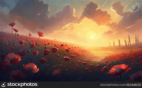 Large poppy field, sky background with clouds, bright sun. Natural nature, beautiful flowers. AI generated.. Large poppy field, sky background with clouds, bright sun. AI generated.