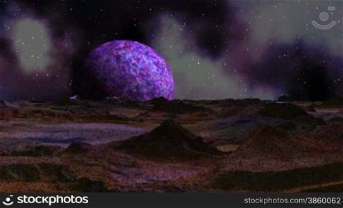 Large purple planet slowly rises in the background of the hilly terrain. The dark sky bright stars and nebulae. Planet slowly poured their colors.