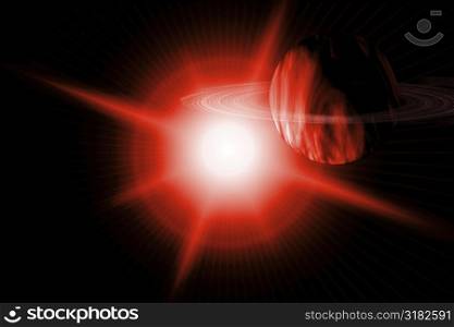 Large red flare behind a red planet with rings.