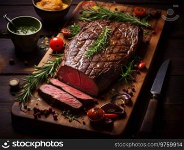 Large roasted steak with slices on wooden board with knife and rosemary and various vegetable and spices.AI Generative