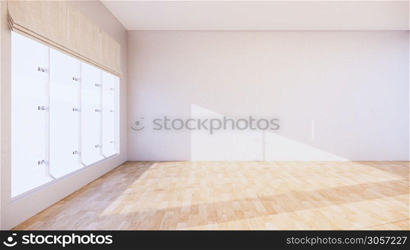 large room, wide open Clean white wall and wood grain floor with sun light into the room.3D rendering