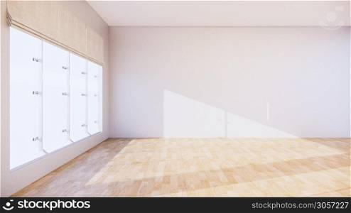 large room, wide open Clean white wall and wood grain floor with sun light into the room.3D rendering