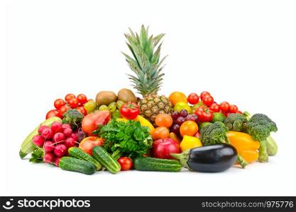 Large set fruits and vegetables with pineapple in center isolated on white background.