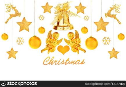 Large set of a beautiful golden Christmas decorations isolated on white background, collection of traditional tree ornament, collage for winter holidays and seasons greeting