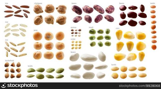 Large set of different cereals on a white background.. Large set of different cereals on a white background