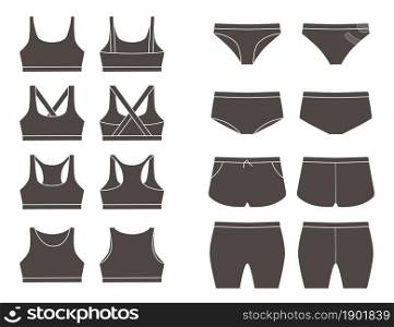 Large set of mock-ups of sports underwear for women. Front and back views. Vector illustration. Flat style