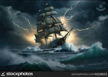 large ship sailing in a storm against background of raging sea and lightning, created with generative ai. large ship sailing in a storm against background of raging sea and lightning
