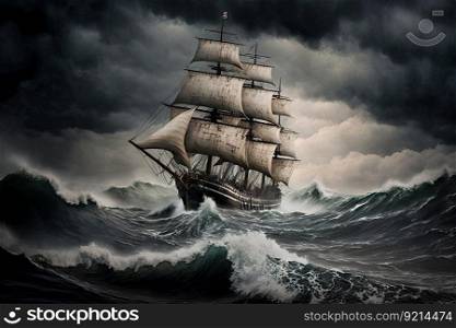 large ship sailing through rough sea in storm, created with generative ai. large ship sailing through rough sea in storm
