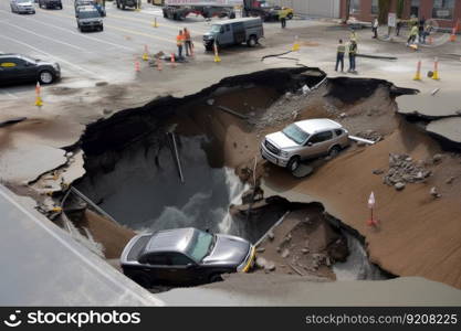 large sinkhole with cars and trucks falling into the depths, created with generative ai. large sinkhole with cars and trucks falling into the depths