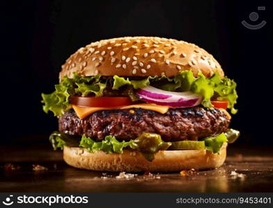 Large spicy beef burger with cheese on dark table.AI Generative