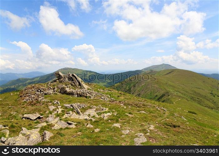 large stones on summer mountain ridge (Ukraine, Carpathian Mountains)