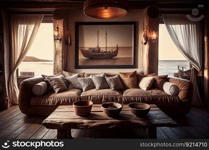 large timeworn leather sofa, antique wooden coffee table and warm lighting in beachfront villa interior, created with generative ai. large timeworn leather sofa, antique wooden coffee table and warm lighting in beachfront villa interior