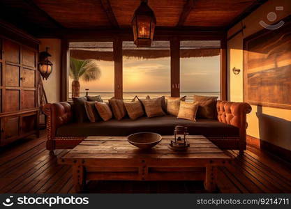 large timeworn leather sofa, antique wooden coffee table and warm lighting in beachfront villa interior, created with generative ai. large timeworn leather sofa, antique wooden coffee table and warm lighting in beachfront villa interior