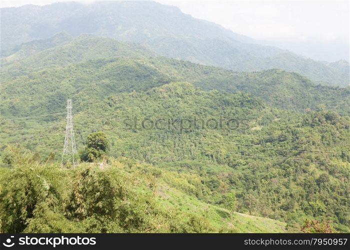 Large transmission towers. Mountain through the trees in the forest.
