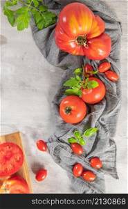 Large variety of tomatoes on rustic kitchen counter. Preparation of tomato sauce with onions and basil