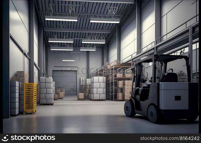 Large warehouse with staff worker , Large cargo warehouse of shelves with goods boxes in modern industry warehouse store at factory warehouse storage , Generative Ai