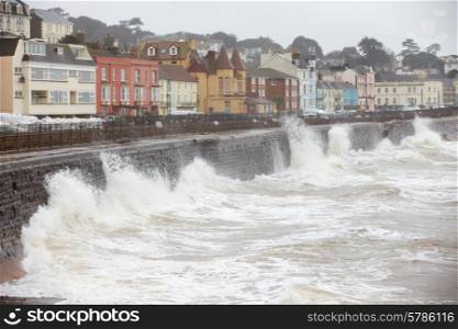 Large Waves Breaking Against Sea Wall At Dawlish In Devon