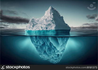 Large white iceberg floating in the frozen ocean with underwater beautiful transparent view. Concept of polar geographic. Finest generative AI.. Large white iceberg floating ocean with underwater view.