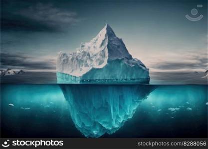 Large white iceberg floating in the frozen ocean with underwater beautiful transparent view. Concept of polar geographic. Finest generative AI.. Large white iceberg floating ocean with underwater view.